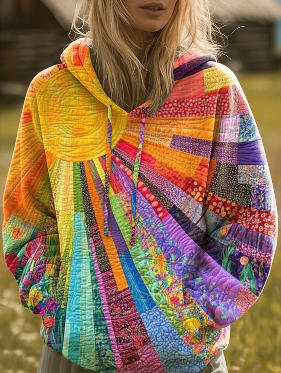 Sudadera con capucha de patchwork acolchado estilo bohemio para mujer