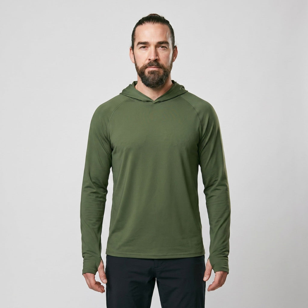 Sudadera con capucha UPF 50+ para hombre – Top UV ligero de secado rápido para senderismo y pesca con presillas para pul