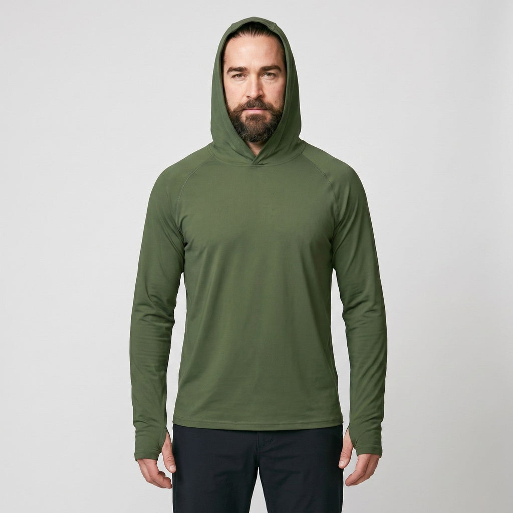 Sudadera con capucha UPF 50+ para hombre – Top UV ligero de secado rápido para senderismo y pesca con presillas para pul