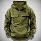 Sudadera con capucha y media cremallera para hombre con forro polar cepillado, bolsillos de solapa en el pecho y bolsill
