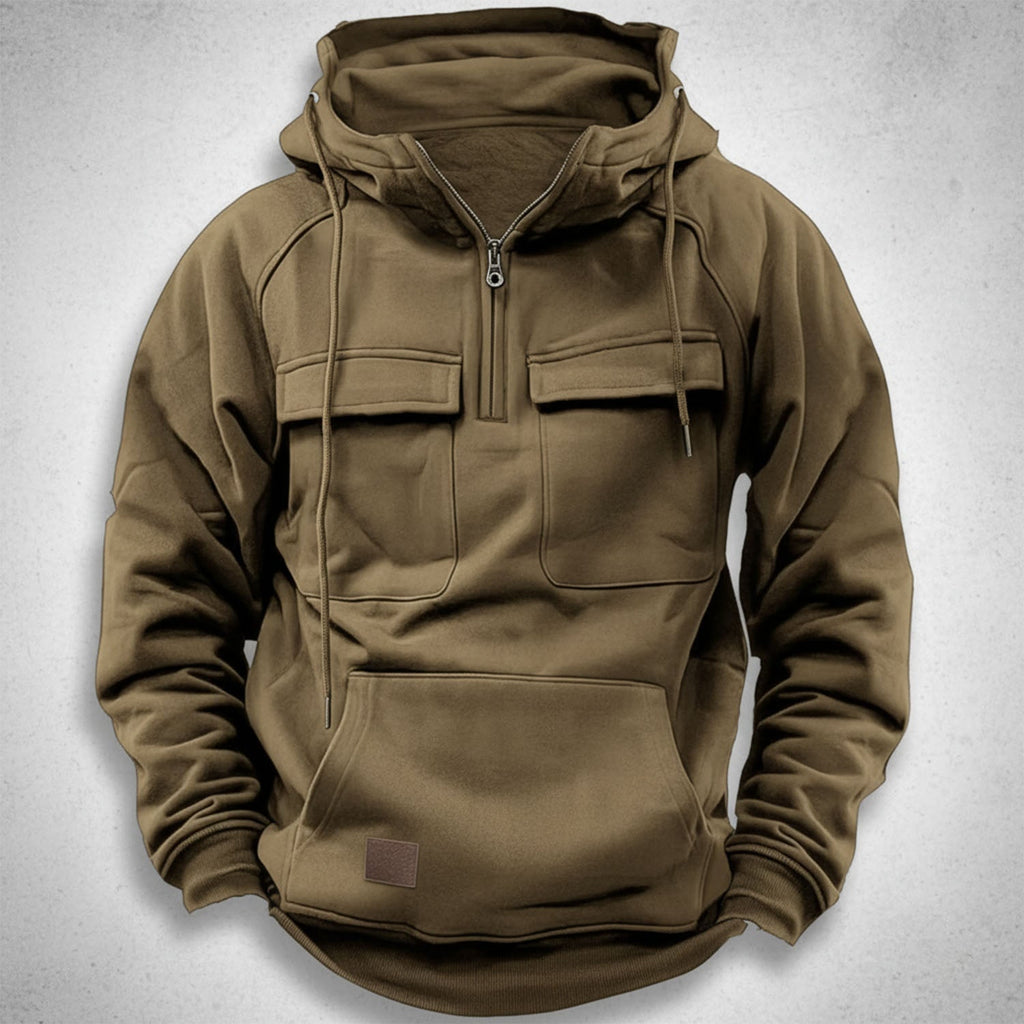 Sudadera con capucha y media cremallera para hombre con forro polar cepillado, bolsillos de solapa en el pecho y bolsill
