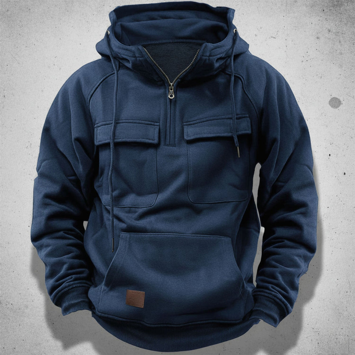 Sudadera con capucha y media cremallera para hombre con forro polar cepillado, bolsillos de solapa en el pecho y bolsill
