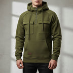 Sudadera con capucha y media cremallera para hombre con forro polar cepillado, bolsillos de solapa en el pecho y bolsill