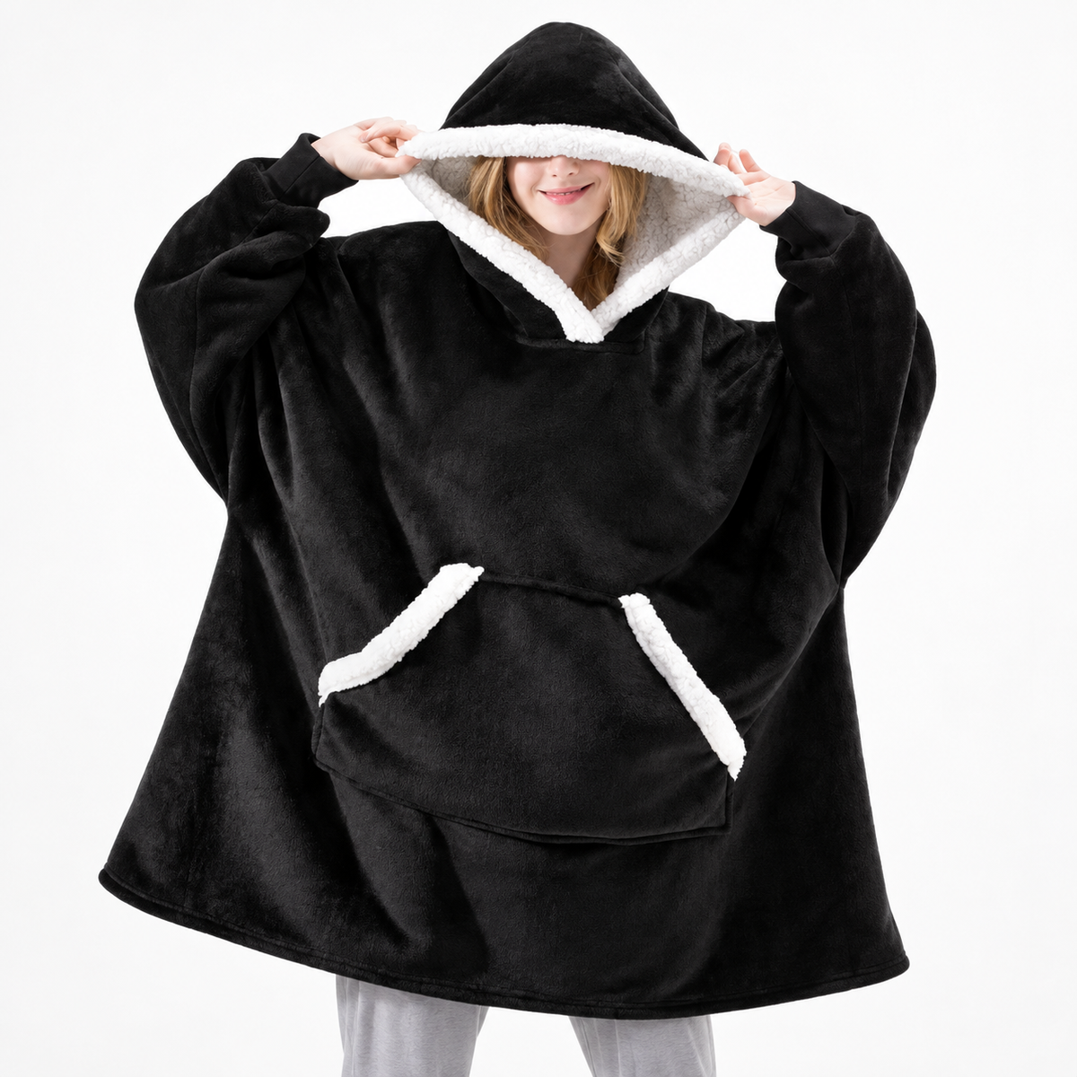 Sudadera manta con capucha de cuadros con forro sherpa oversize