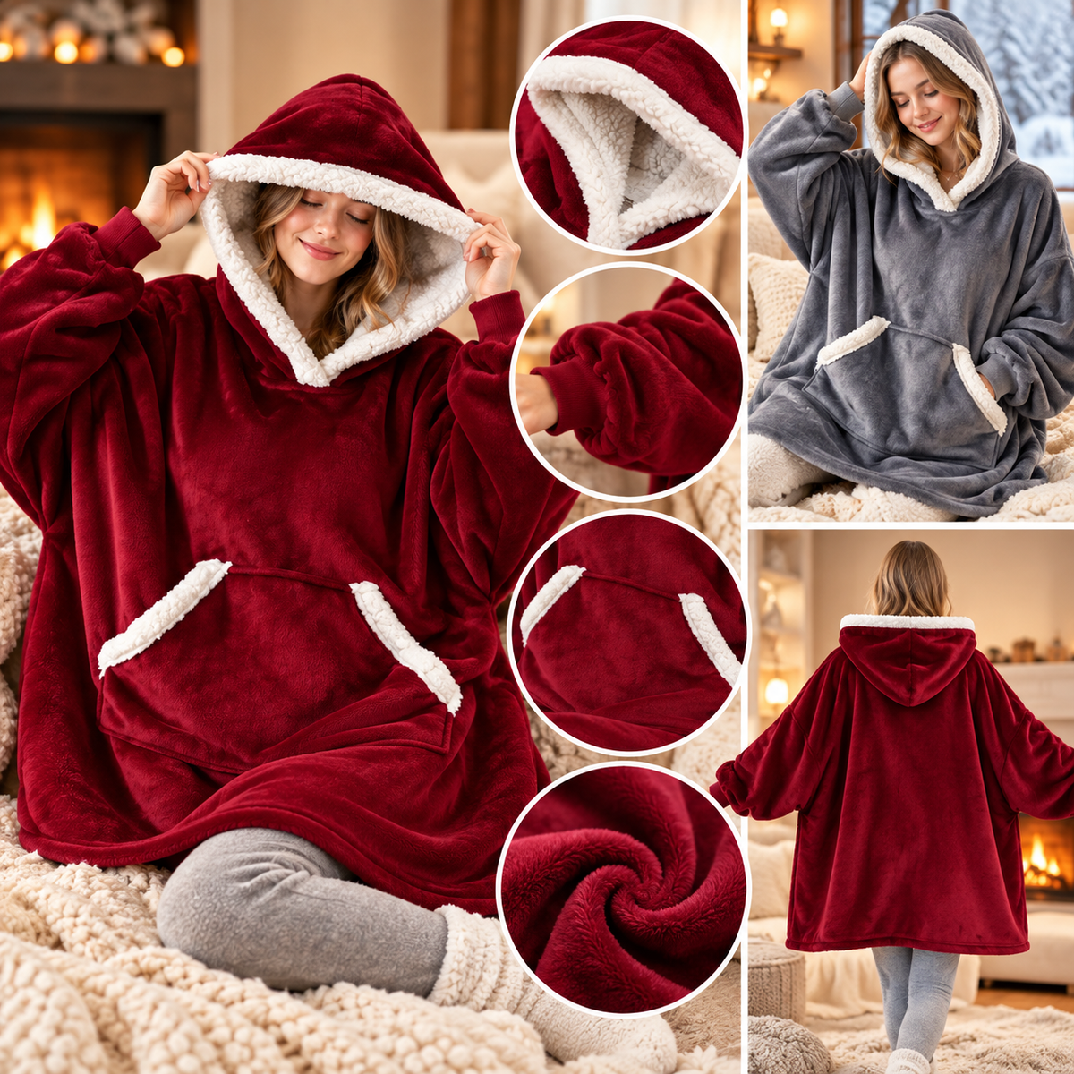 Sudadera manta con capucha de cuadros con forro sherpa oversize
