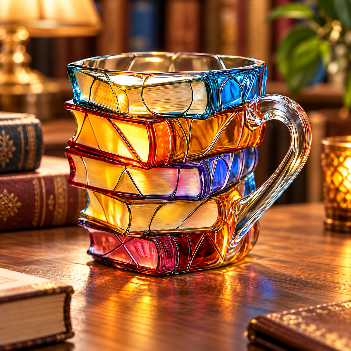 Taza artesanal de libros apilados con diseño único y colorido