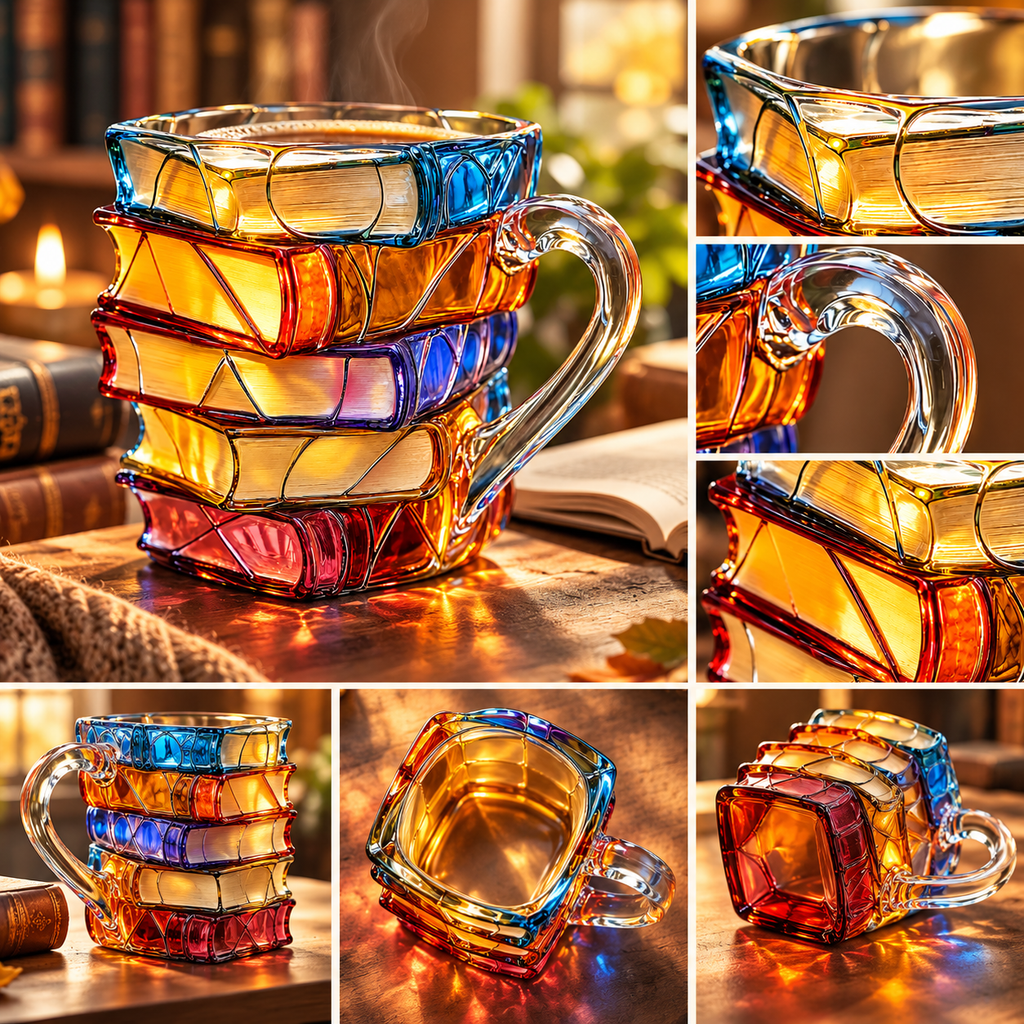 Taza artesanal de libros apilados con diseño único y colorido