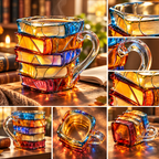 Taza artesanal de libros apilados con diseño único y colorido