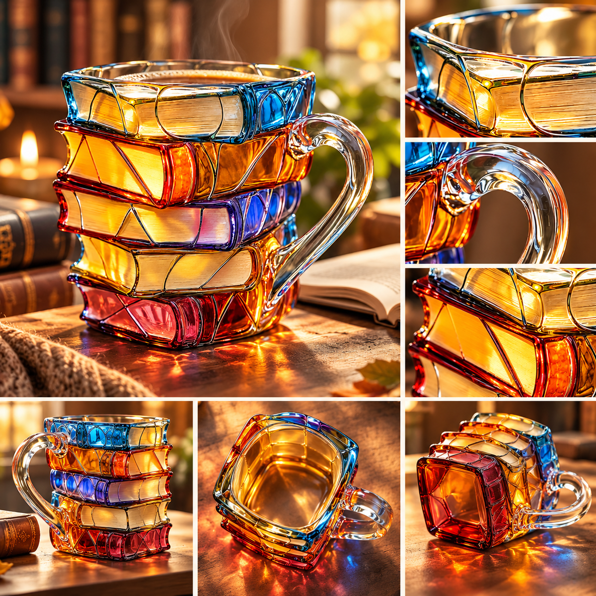 Taza artesanal de libros apilados con diseño único y colorido