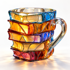 Taza artesanal de libros apilados con diseño único y colorido