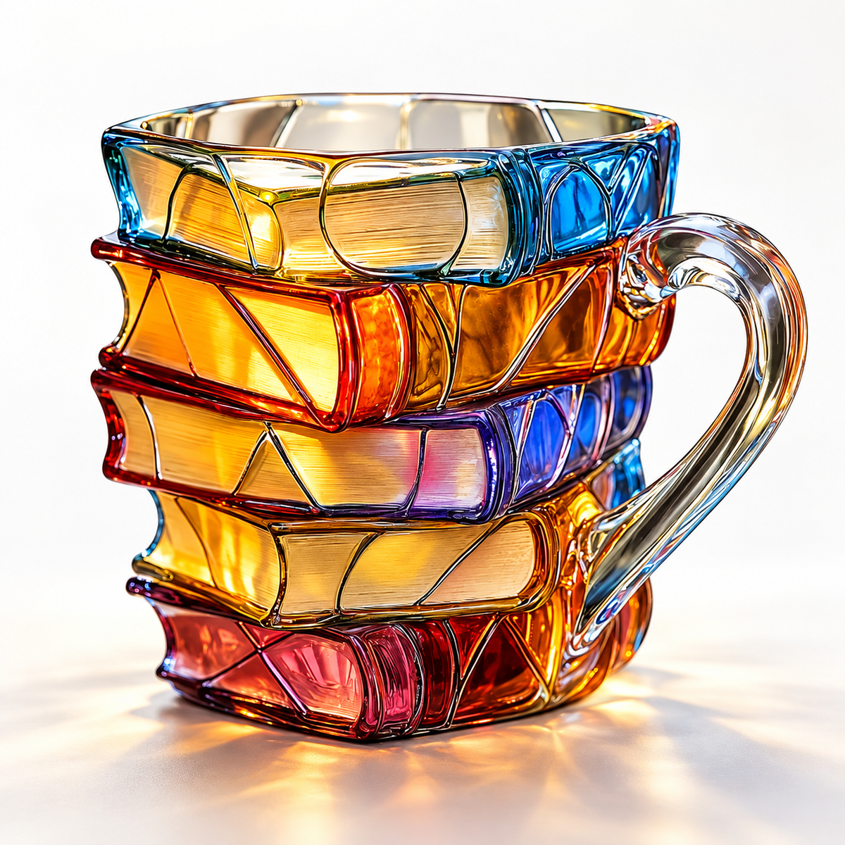 Taza artesanal de libros apilados con diseño único y colorido