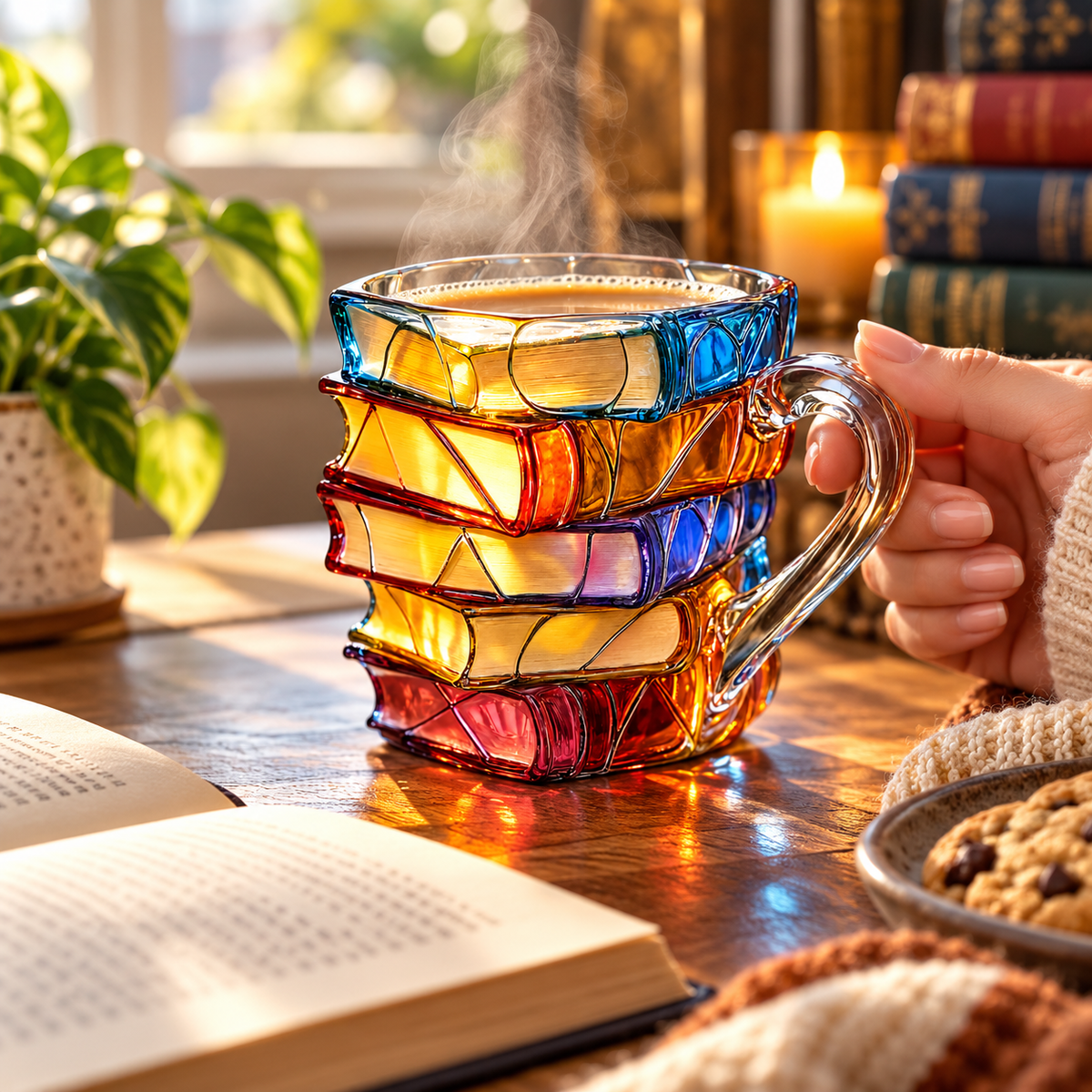 Taza artesanal de libros apilados con diseño único y colorido