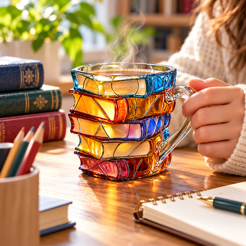 Taza artesanal de libros apilados con diseño único y colorido