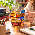 Taza artesanal de libros apilados con diseño único y colorido
