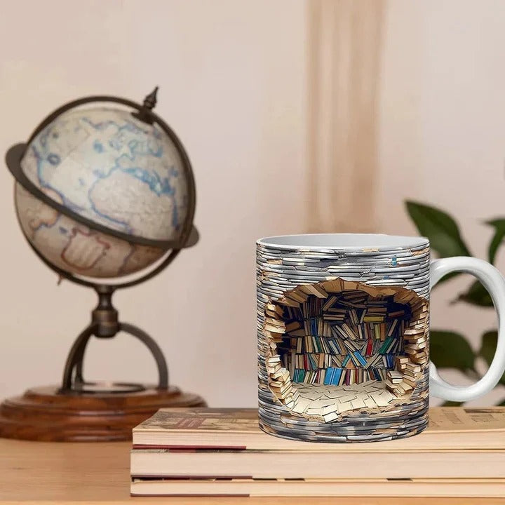 Taza de cerámica con diseño 3D de estantería de libros