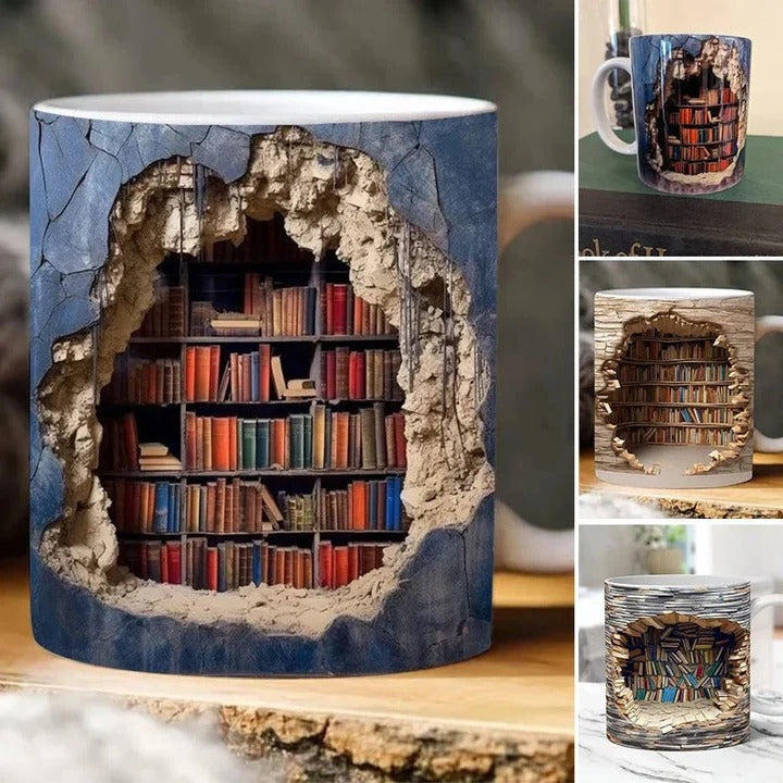 Taza de cerámica con diseño 3D de estantería de libros