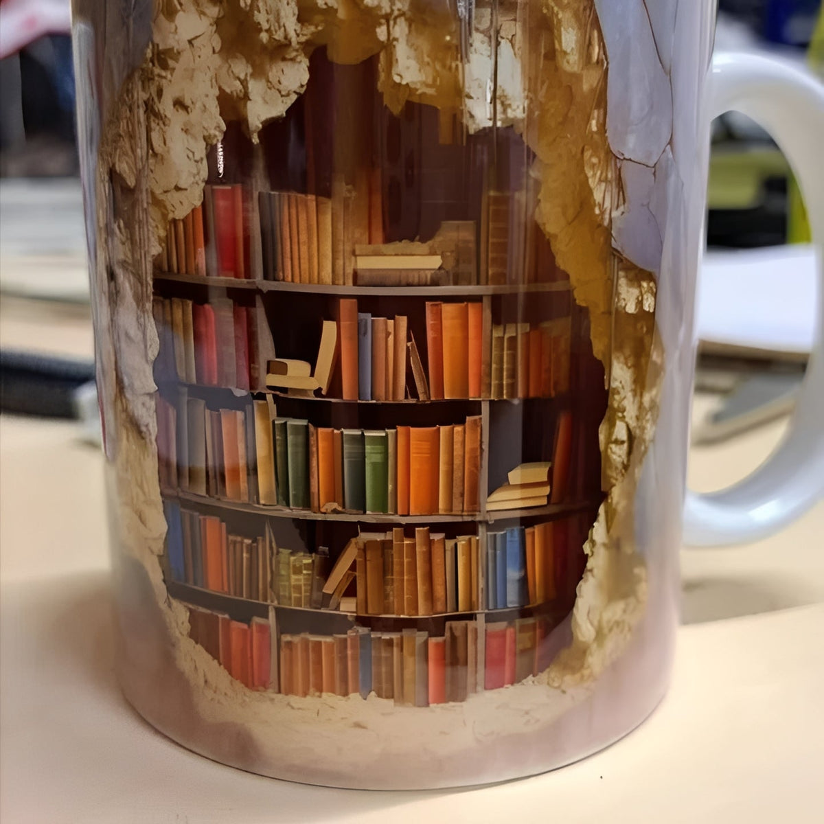 Taza de cerámica con diseño 3D de estantería de libros