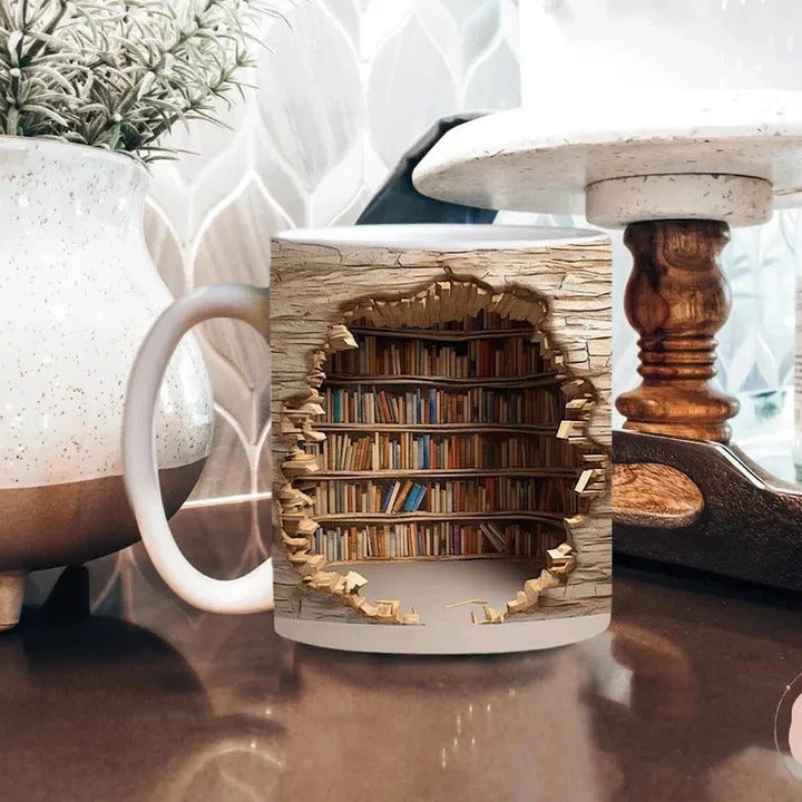 Taza de cerámica con diseño 3D de estantería de libros