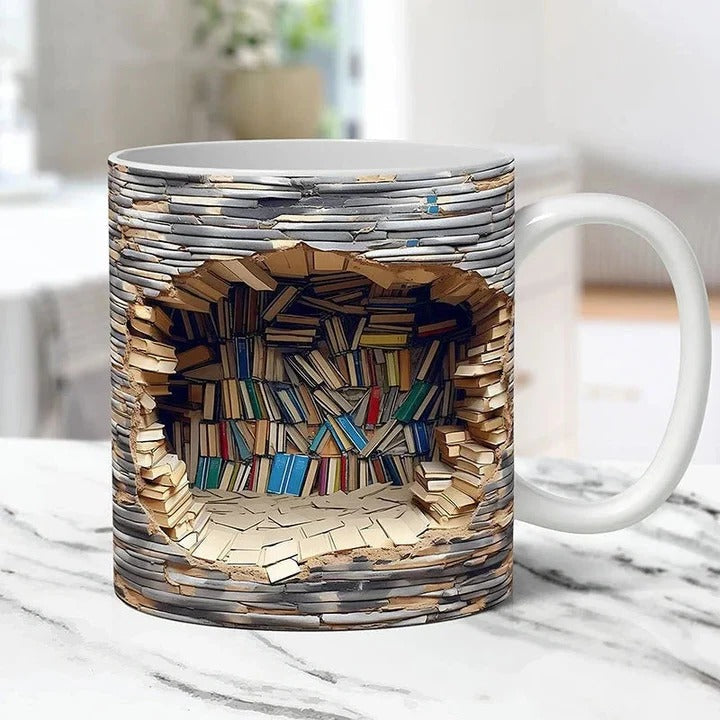 Taza de cerámica con diseño 3D de estantería de libros