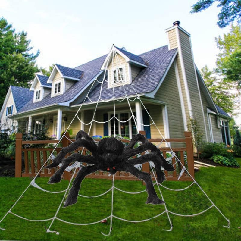 Telaraña gigante de Halloween de 700 × 550 cm con estacas y gancho, araña peluda negra de 30 cm con ojos rojos, decoraci