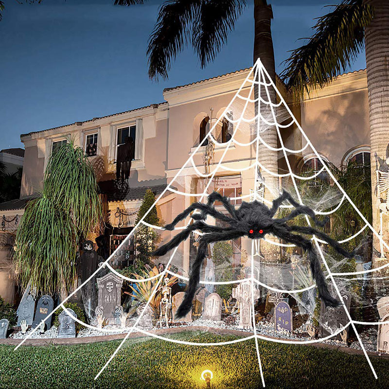 Telaraña gigante de Halloween de 700 × 550 cm con estacas y gancho, araña peluda negra de 30 cm con ojos rojos, decoraci