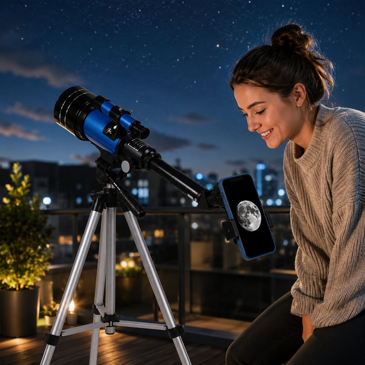 Telescopio de 70 mm con trípode y adaptador para móvil