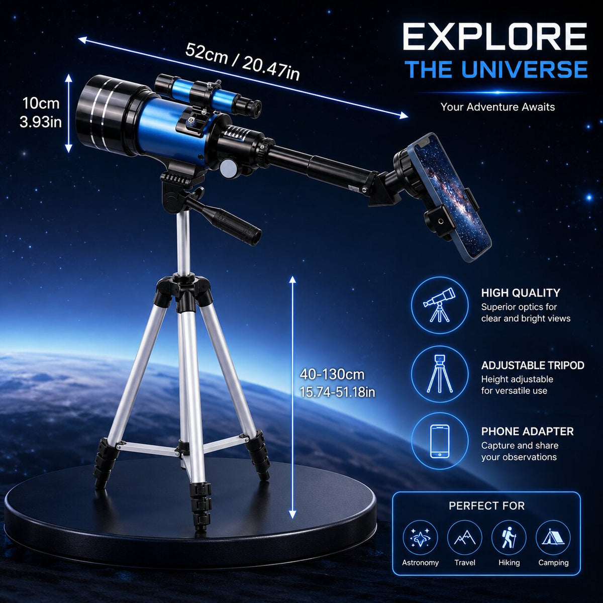 Telescopio de 70 mm con trípode y adaptador para móvil