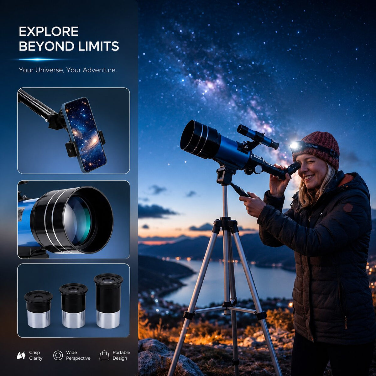 Telescopio de 70 mm con trípode y adaptador para móvil