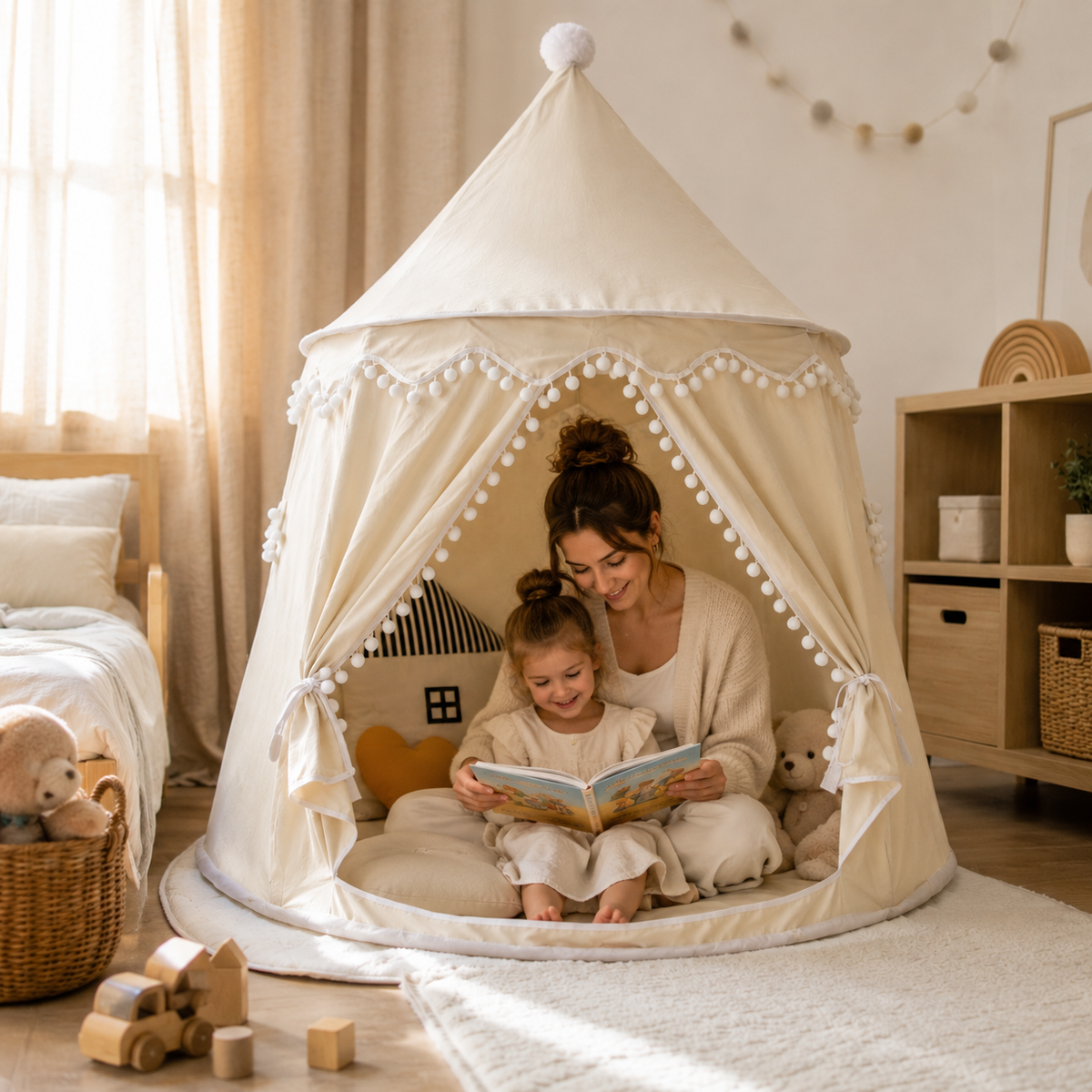 Tipi de juego de lona para niños, 100 % algodón, postes de pino, espacioso