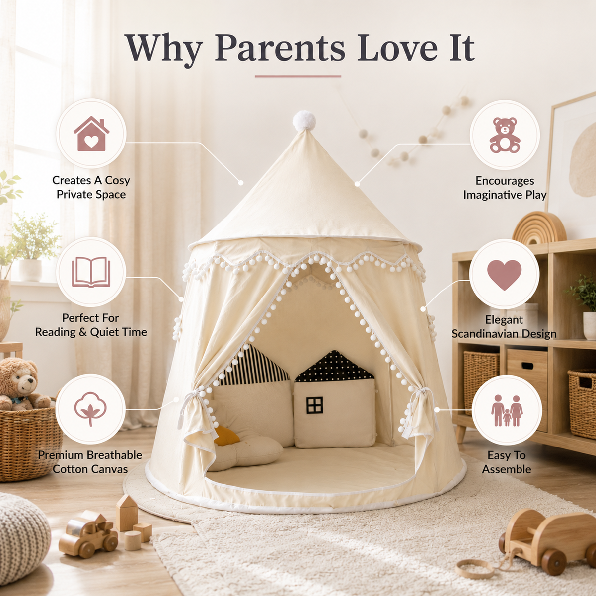 Tipi de juego de lona para niños, 100 % algodón, postes de pino, espacioso