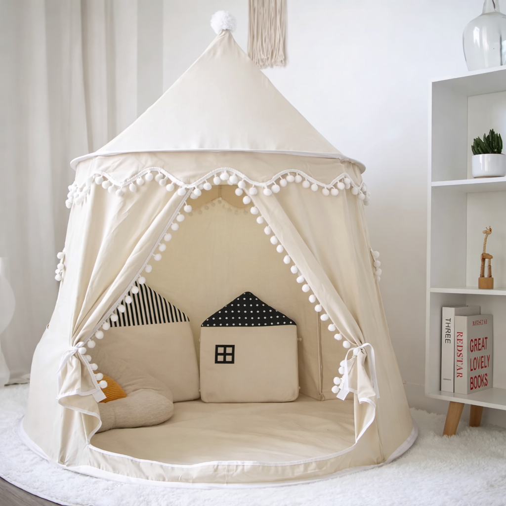Tipi de juego de lona para niños, 100 % algodón, postes de pino, espacioso