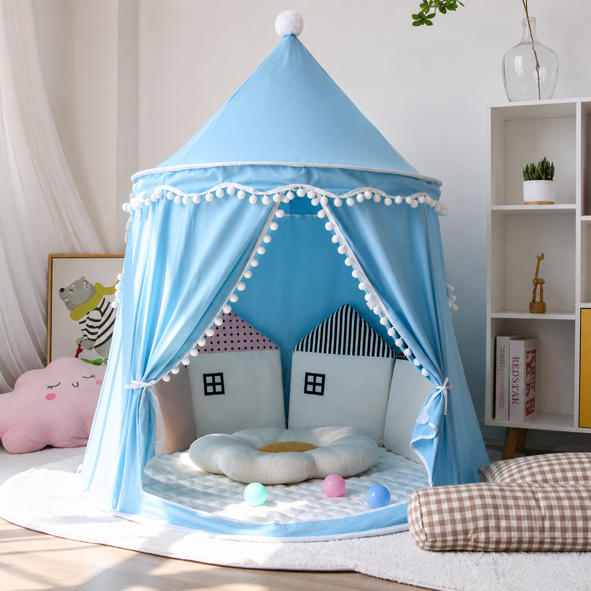 Tipi de juego de lona para niños, 100 % algodón, postes de pino, espacioso