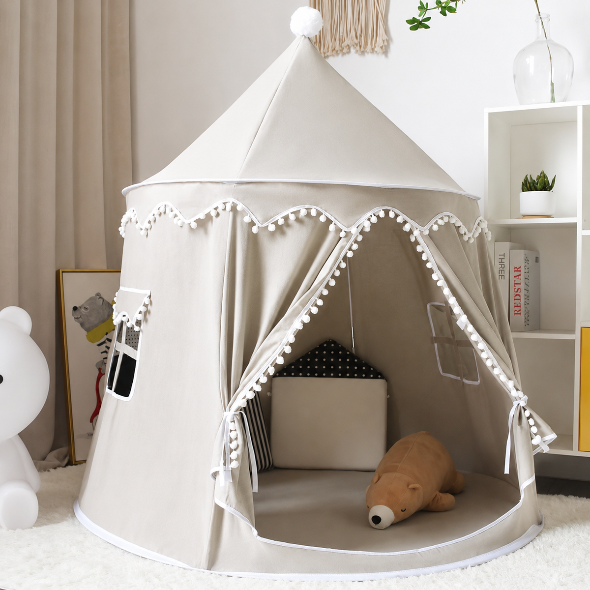 Tipi de juego de lona para niños, 100 % algodón, postes de pino, espacioso