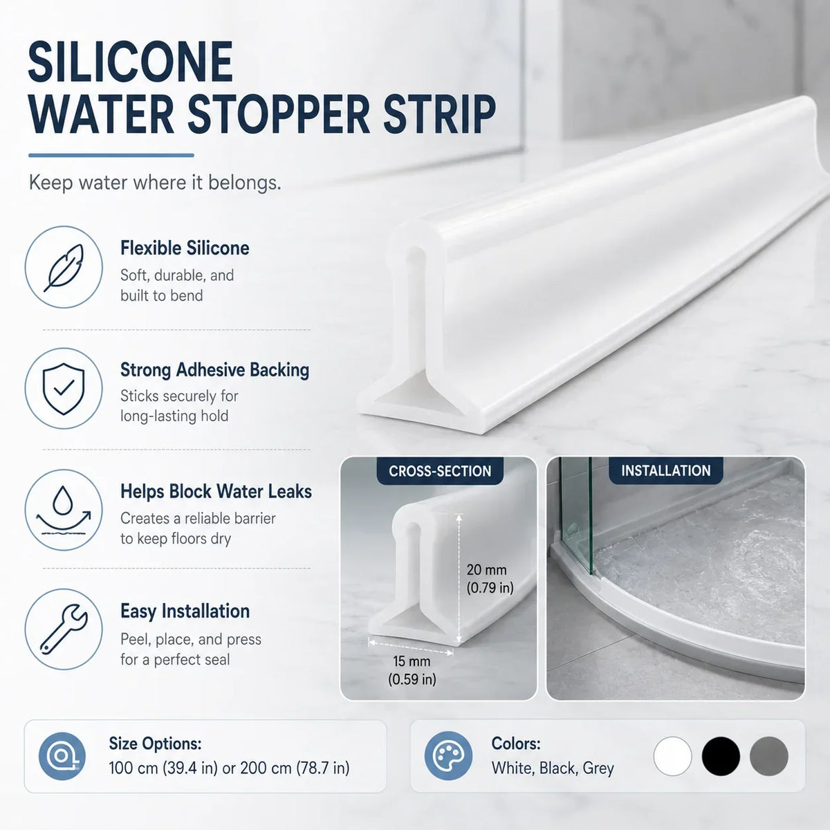 Tira barrera de agua | Silicona flexible con adhesivo | 100/200 cm