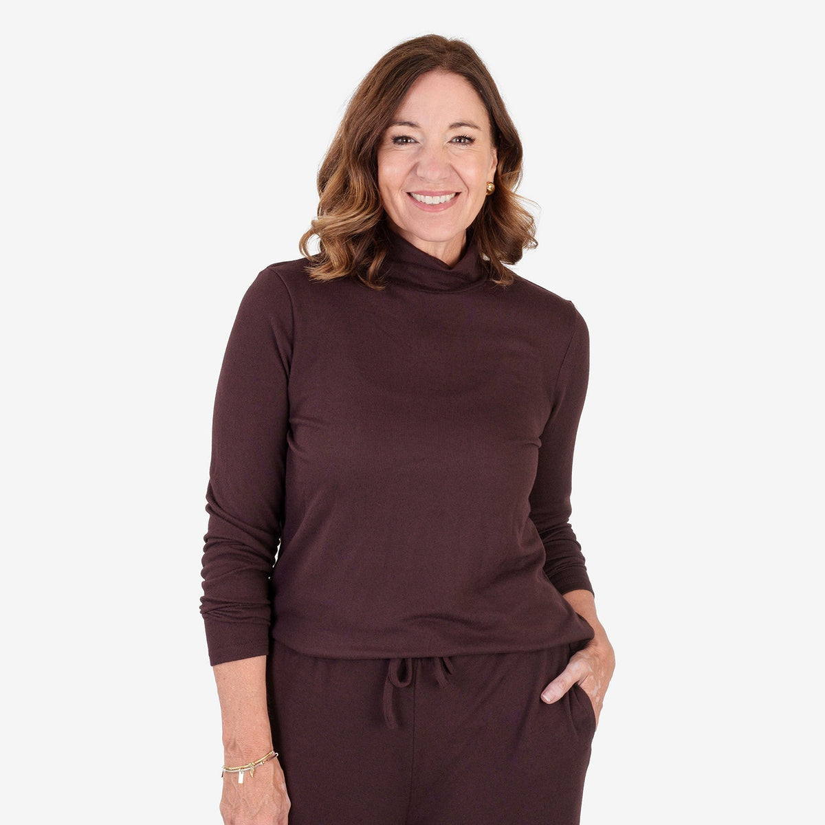 Top de cuello alto para mujer con acabado jaspeado cepillado y mangas largas
