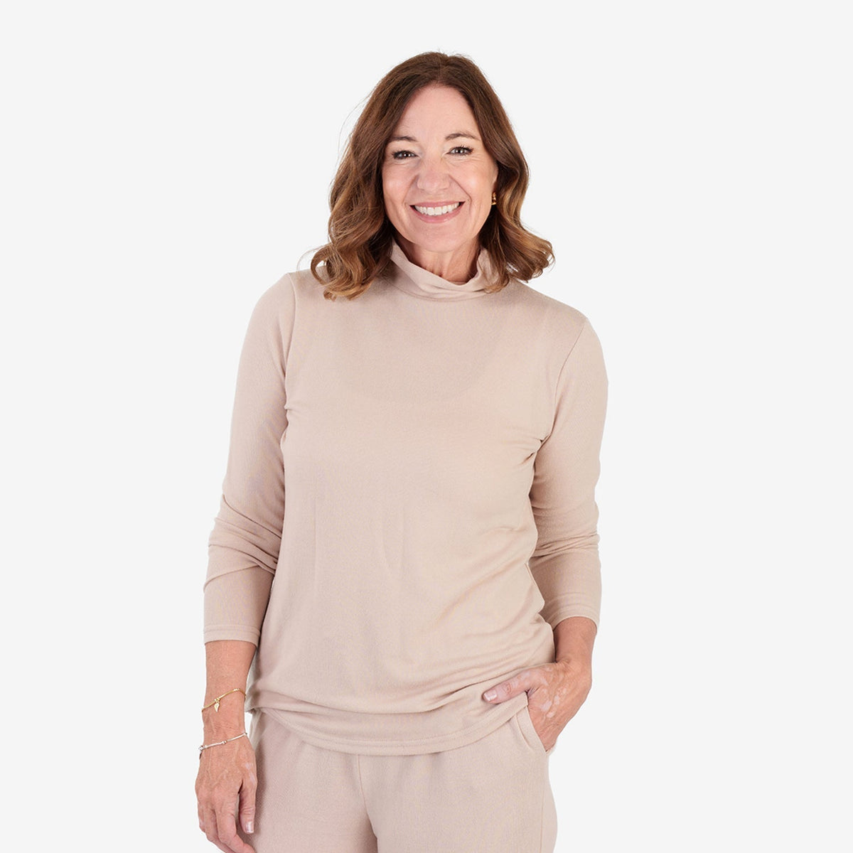 Top de cuello alto para mujer con acabado jaspeado cepillado y mangas largas
