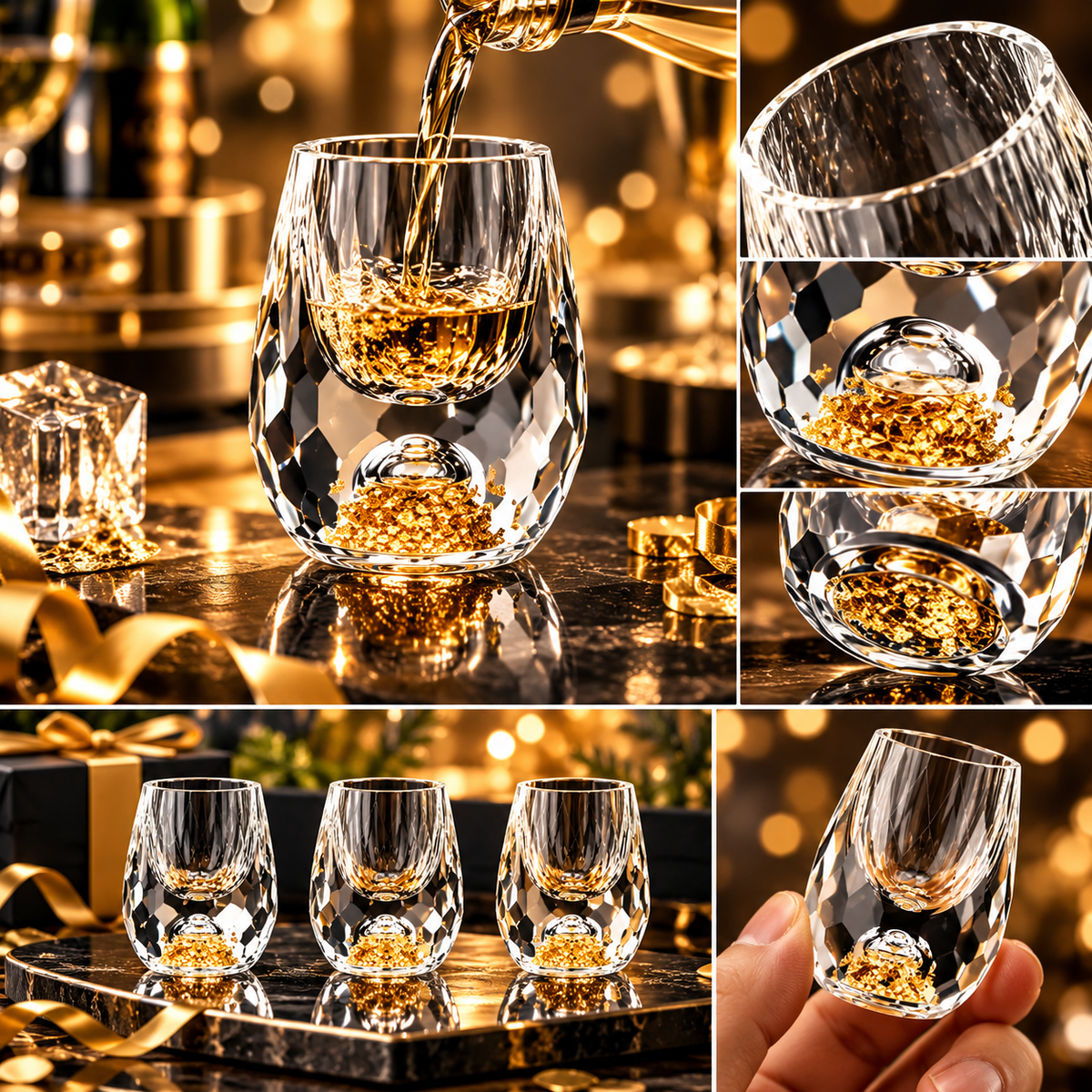 Vaso de chupito de cristal con lentejuelas decorativo de lujo