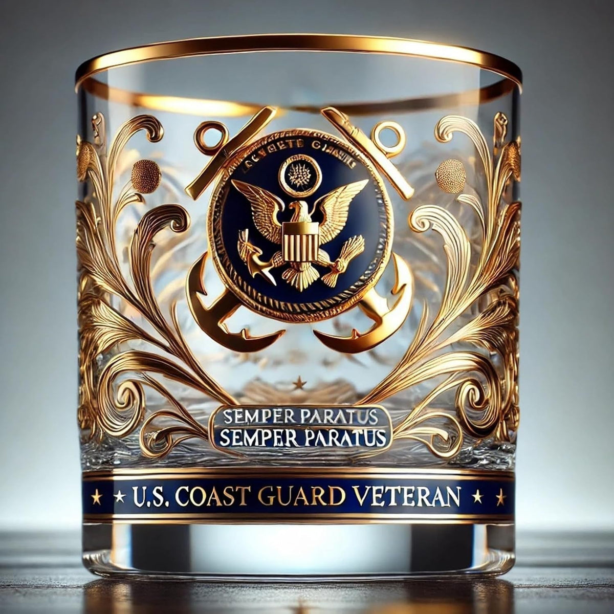 Vaso de whisky elegante con emblema militar y detalles dorados