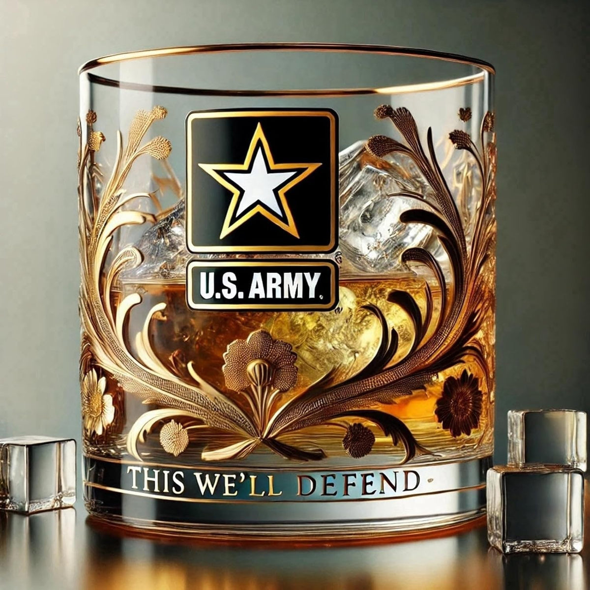Vaso de whisky elegante con emblema militar y detalles dorados