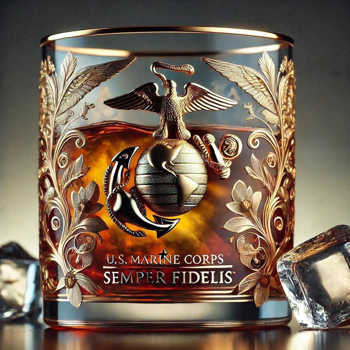 Vaso de whisky elegante con emblema militar y detalles dorados