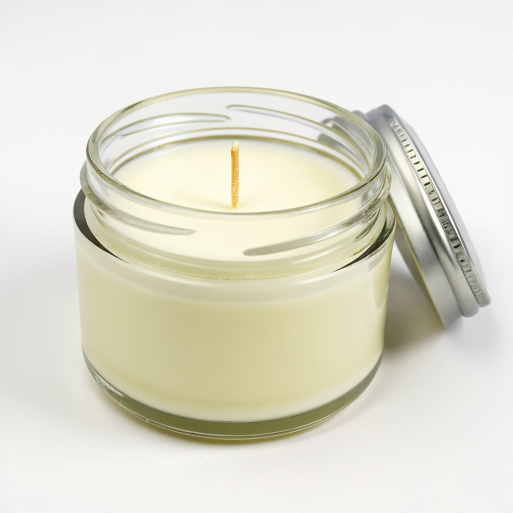 Vela de soja con aroma a verbena de limón en tarro de cristal transparente