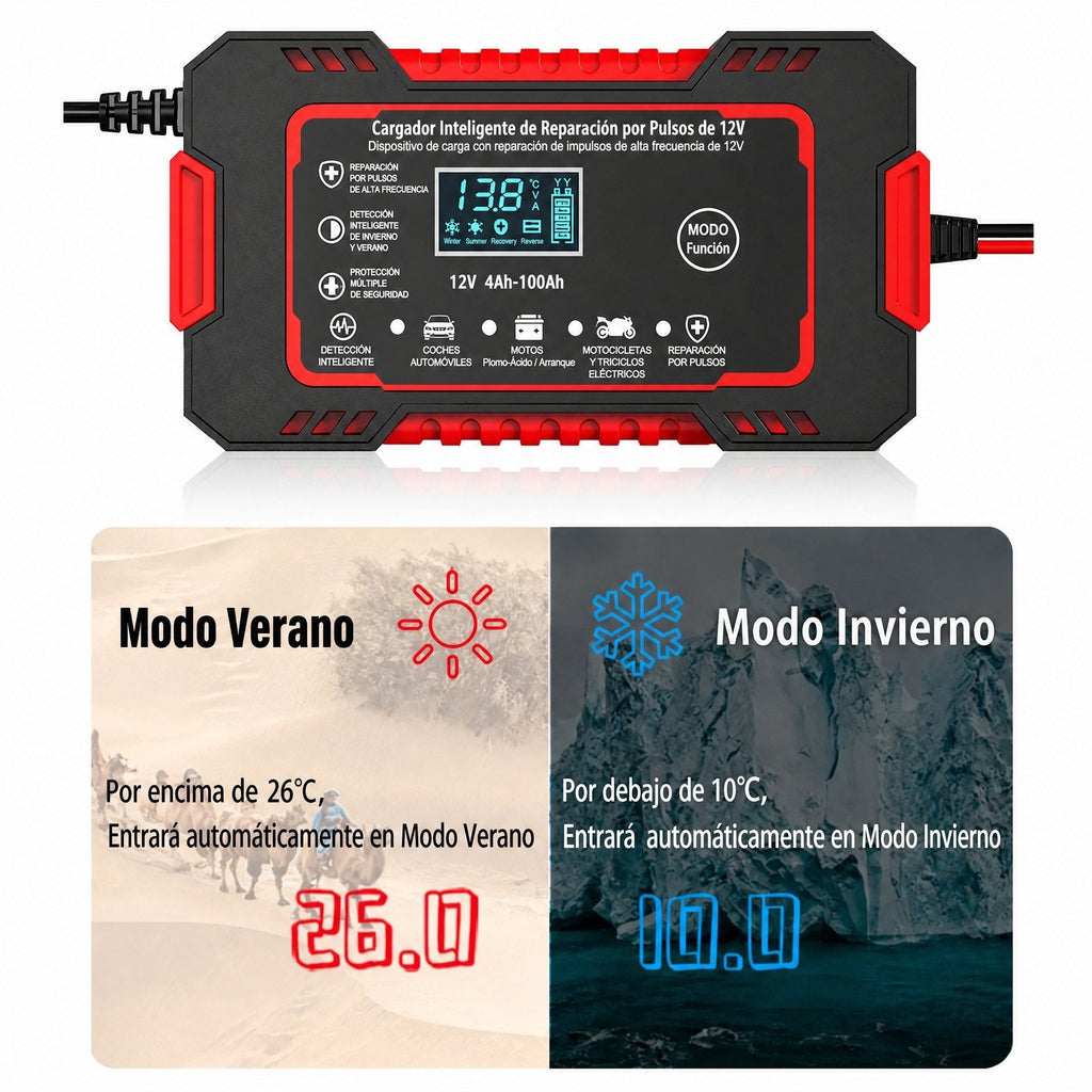 Cargador inteligente 12V 6A con reparación por impulsos y pantalla LCD para baterías de coche y moto