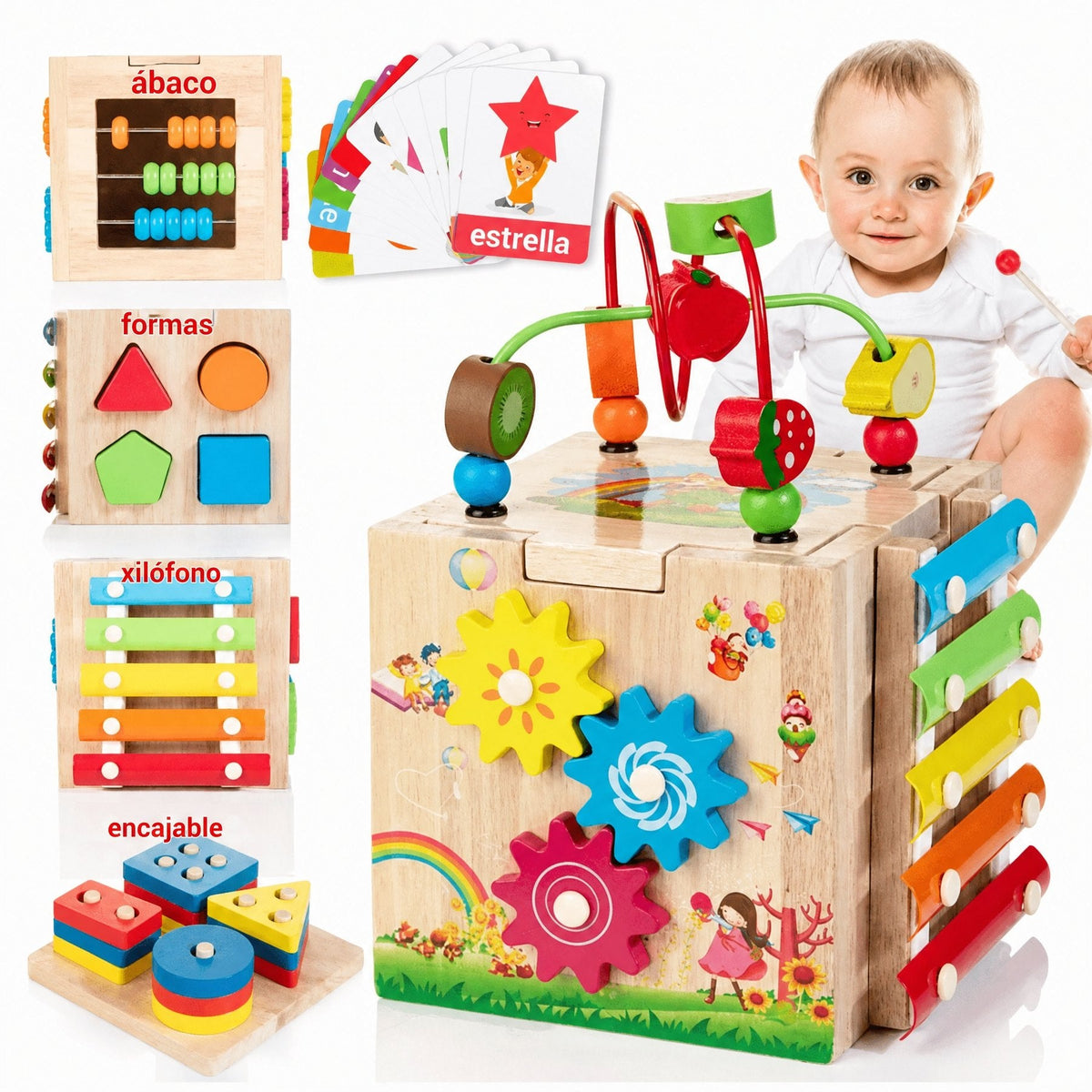 MINDBLOX – Cubo de Aprendizaje Montessori de Madera 8 en 1 para Niños Pequeños con Juegos Educativos