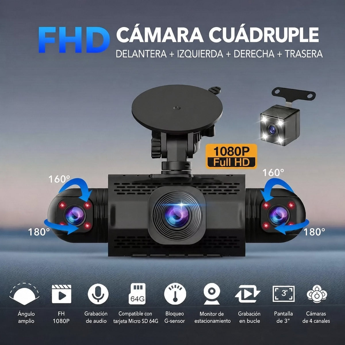 Cámara de coche 4 canales FHD con visión 360°