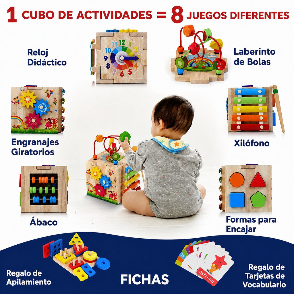 MINDBLOX – Cubo de Aprendizaje Montessori de Madera 8 en 1 para Niños Pequeños con Juegos Educativos