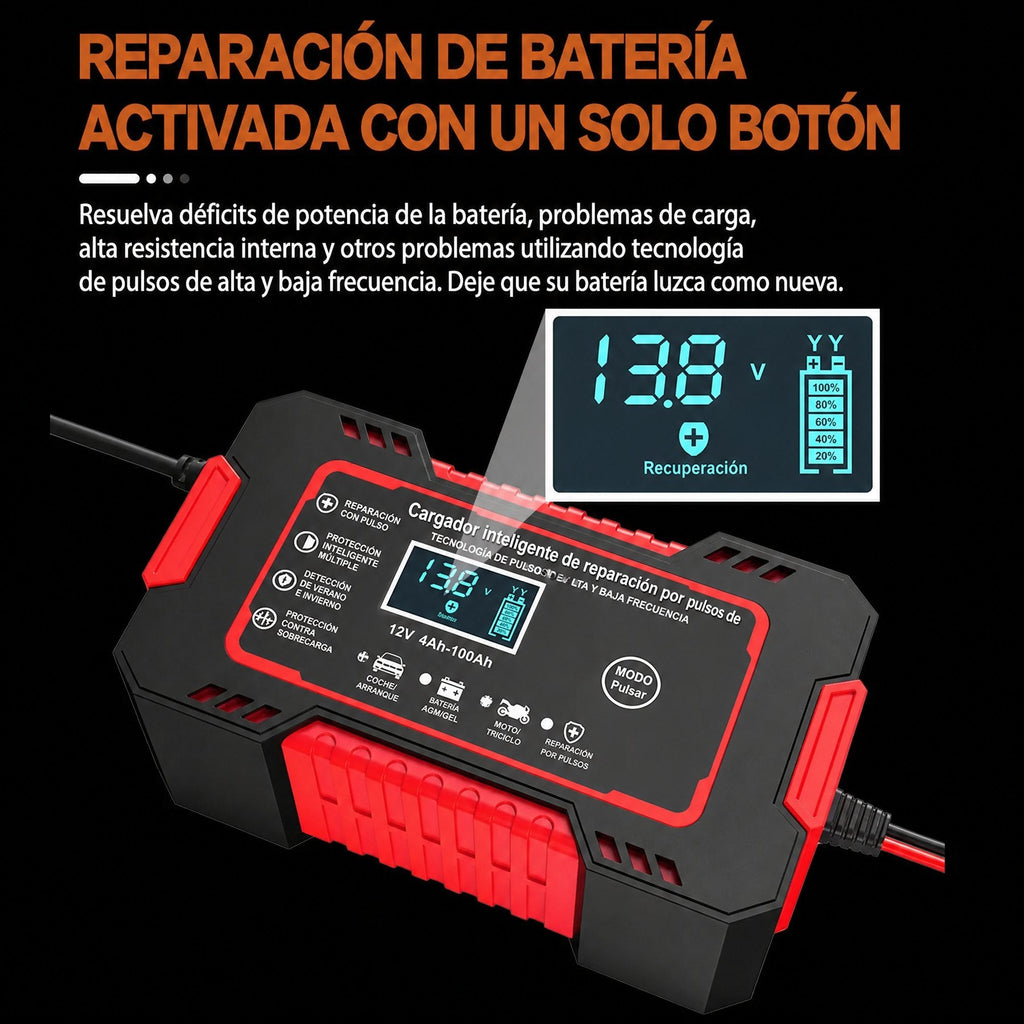 Cargador inteligente 12V 6A con reparación por impulsos y pantalla LCD para baterías de coche y moto