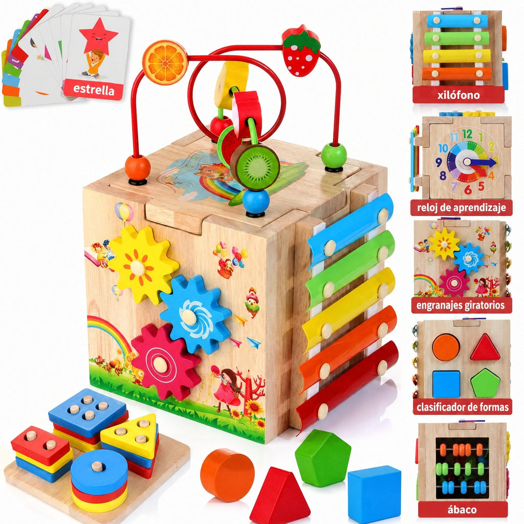 MINDBLOX – Cubo de Aprendizaje Montessori de Madera 8 en 1 para Niños Pequeños con Juegos Educativos