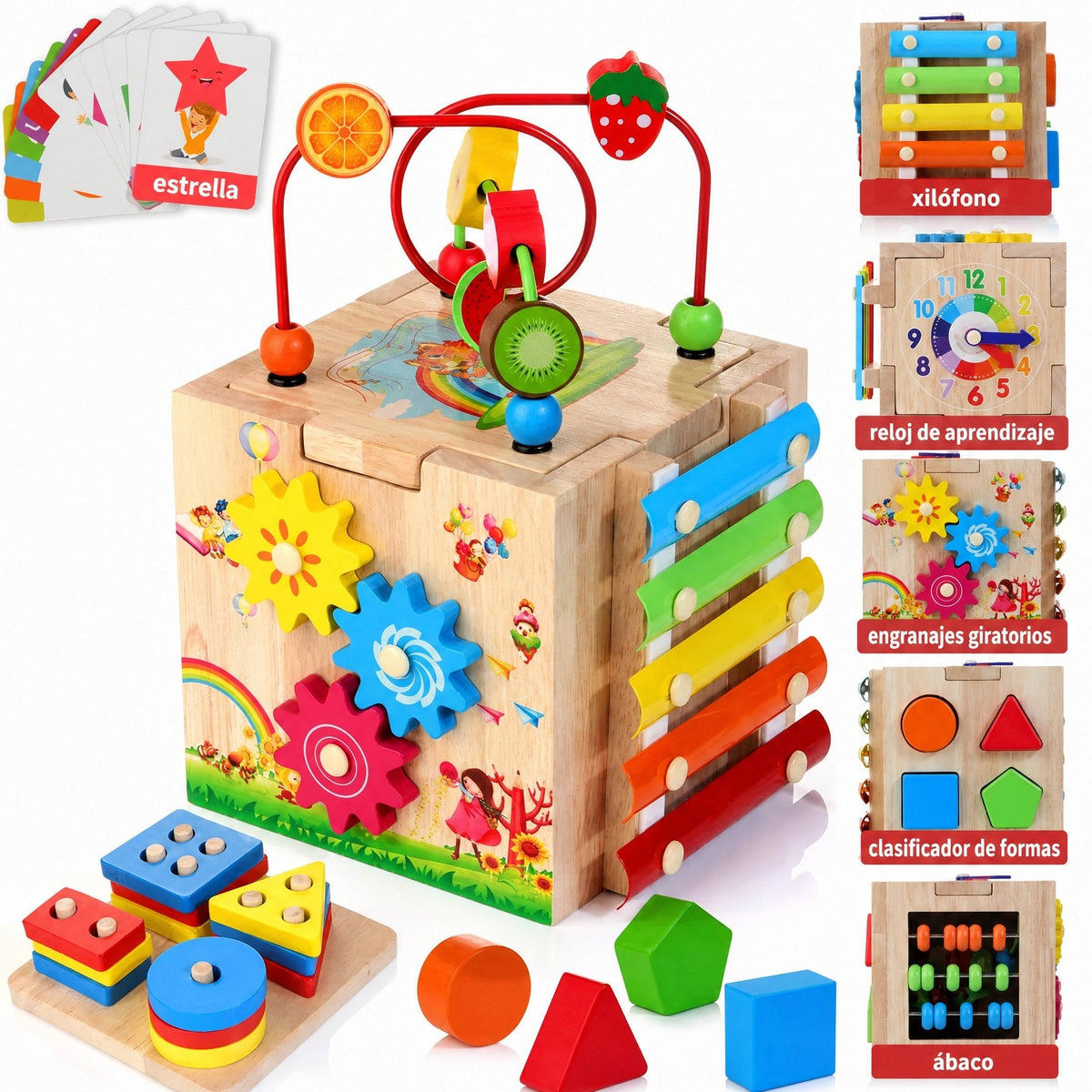 MINDBLOX – Cubo de Aprendizaje Montessori de Madera 8 en 1 para Niños Pequeños con Juegos Educativos