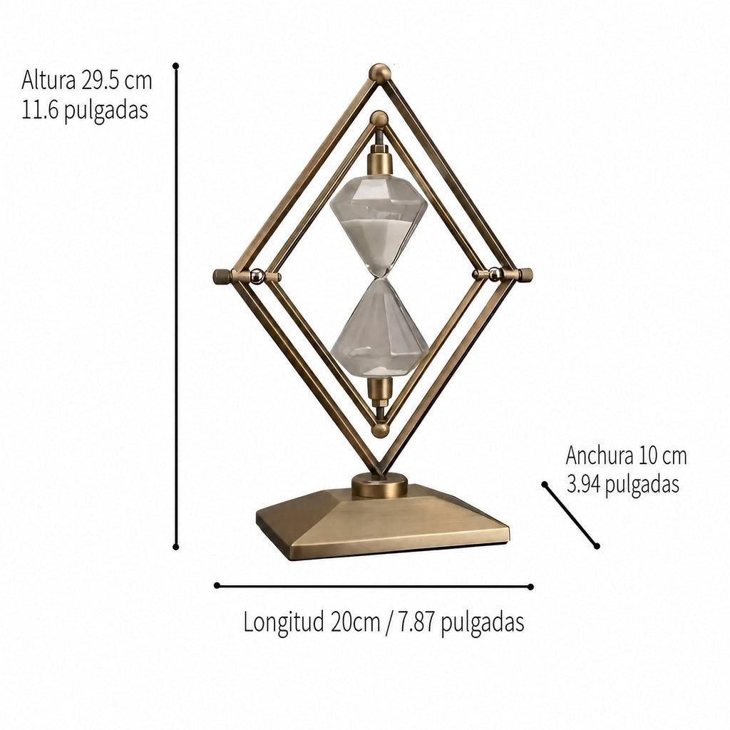 Reloj de arena con estructura geométrica de metal – Temporizador de meditación con arena blanca