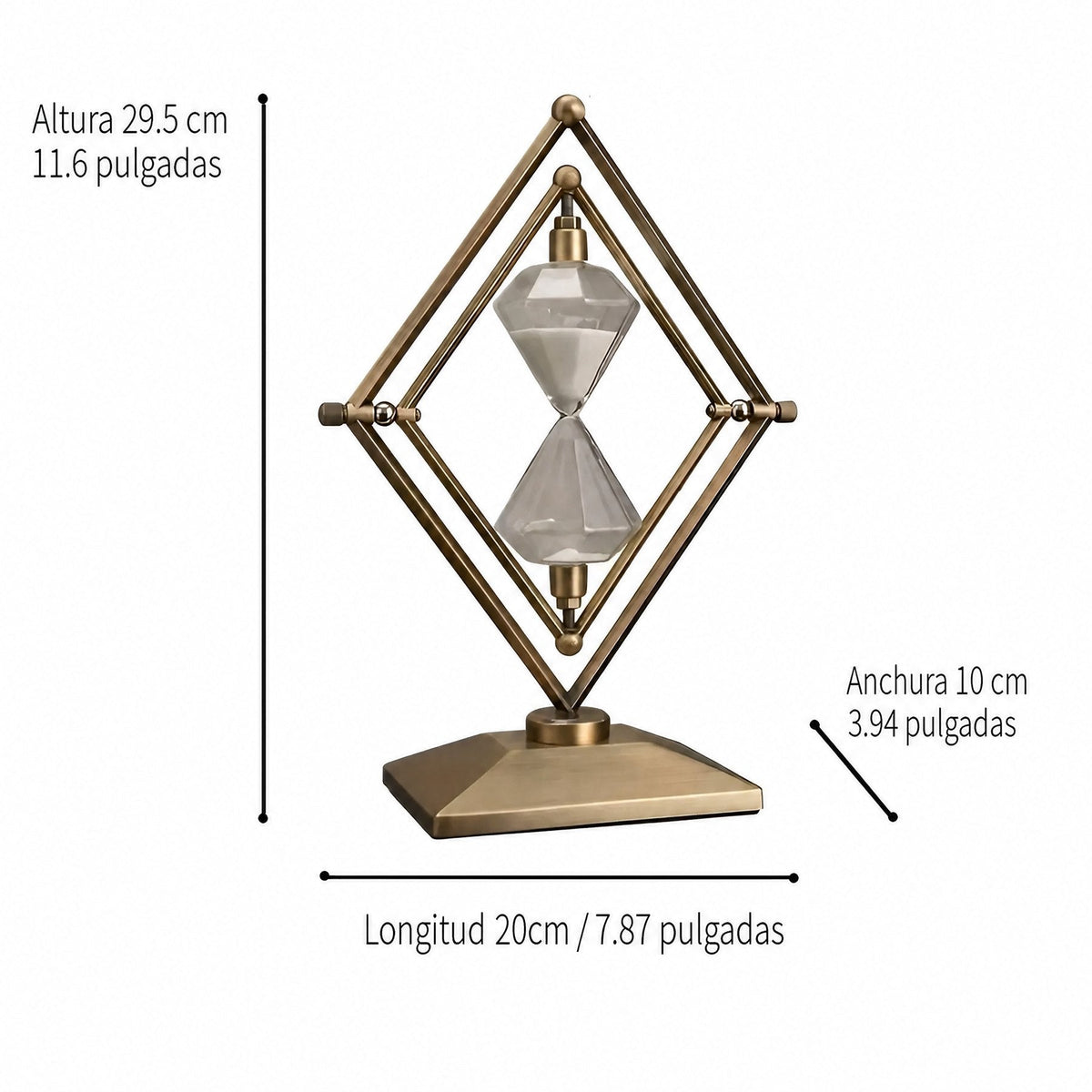 Reloj de arena con estructura geométrica de metal – Temporizador de meditación con arena blanca